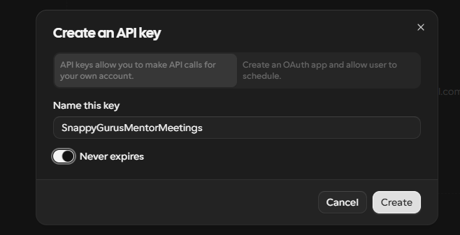 Cal.com create key dialog